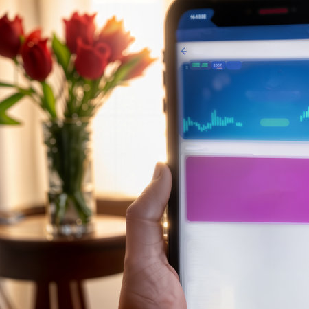 male hand holding a smartphone with a graph on the screen.の素材