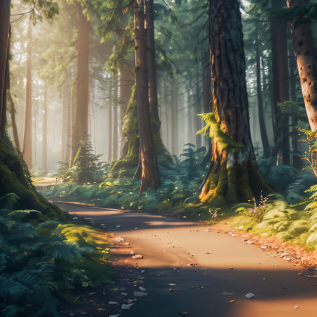 Pathway in the forest with fog and sunlight. Beautiful landscape.の素材