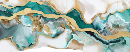 Marble abstract background with gold and turquoise colors. Marble texture.の素材