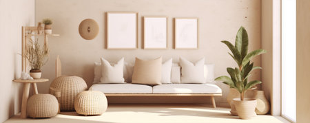 Interior of living room with sofa, plant and mock up poster frames. 3d renderの素材