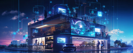 Modern office building with digital hologram on the wall. 3d renderingの素材
