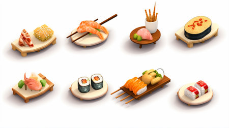 Sushi set isolated on white background. 3d isometric  illustration.の素材