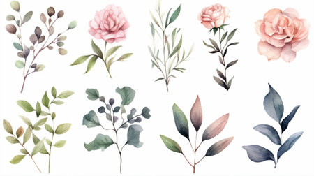Set of watercolor floral elements isolated on white background. Vector illustrationの素材