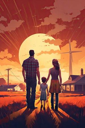 Happy family standing in front of wind turbines in a rural landscape.の素材