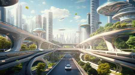 Highway and cityscape with modern skyscrapers. 3d renderingの素材
