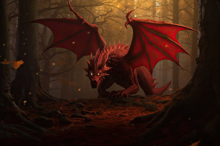 3D rendering of a fantasy dragon in a dark forest with fogの素材