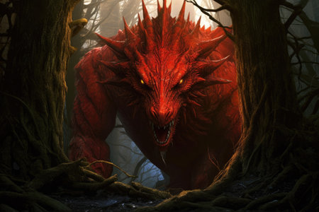 Fantasy scene with red dragon in the forest. 3d illustrationの素材