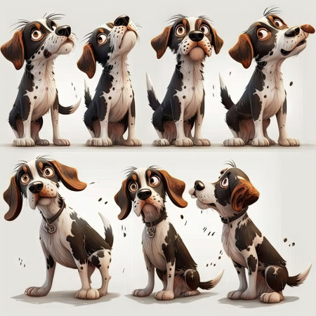 Set of three dogs with different poses and coat colors. 3d renderingの素材