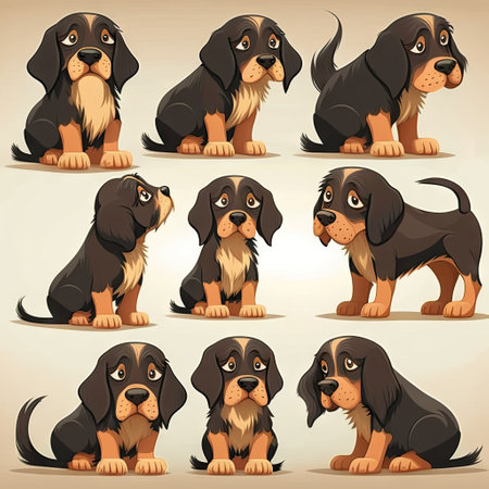 Set of cute cartoon dogs in different poses and coat colors. illustration.の素材