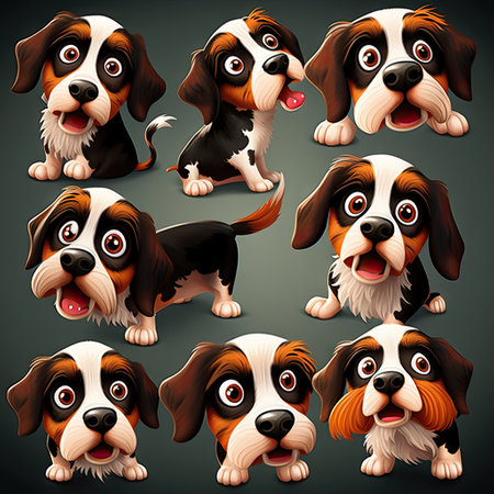 Set of cute cartoon beagle dogs. illustration isolated on dark background.の素材