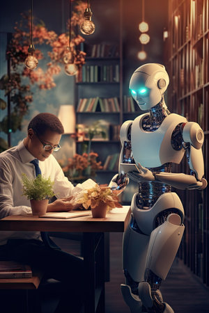 Young man working with a robot in his office.の素材