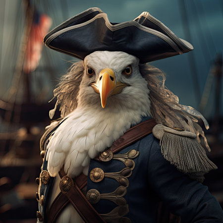 Portrait of an eagle in a pirate costume on a ship.の素材