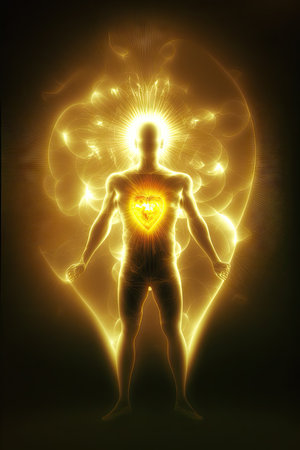 Digital illustration of human body in heart shape with glowing lights in backgroundの素材