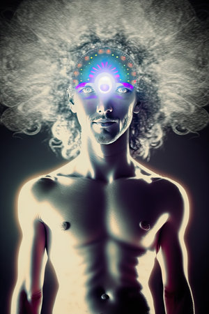 Digital illustration of human face with glowing brain in a surreal image. 3rd eyeの素材