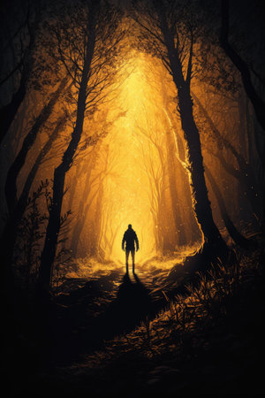 Man in the foggy forest. Halloween concept. 3D Renderingの素材