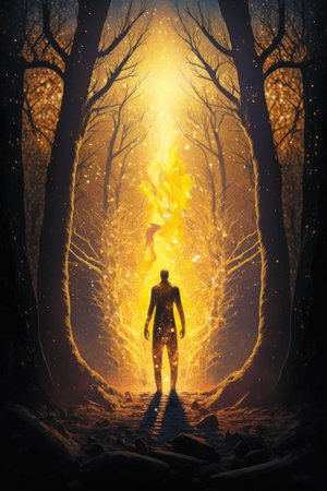 Mysterious dark forest with a silhouette of a man, illustrationの素材