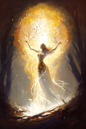 Mystical image of a woman in a long white dress.の素材