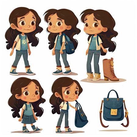 Set of little girls with different clothes and accessories. illustration.の素材