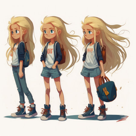 Girl with long hair and a backpack. Cartoon style. illustration.の素材