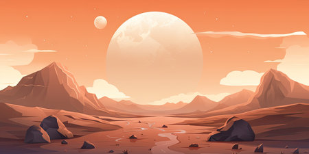 Fantasy landscape with mountains, river and moon. Cartoon illustrationの素材
