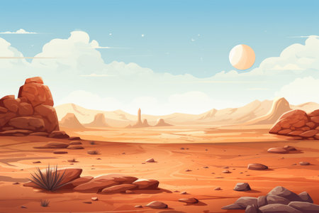 Cartoon desert landscape background. illustration of desert with rocks, stones and moonの素材