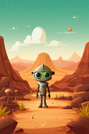 Alien in the desert illustration. Cartoon character of alien in the desert.の素材