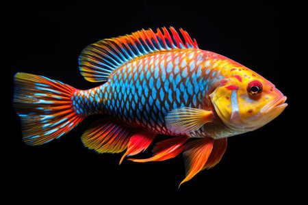 Colorful discus fish isolated on black background. Tropical fish.の素材