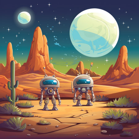 Astronaut and alien in the desert at night illustration.の素材