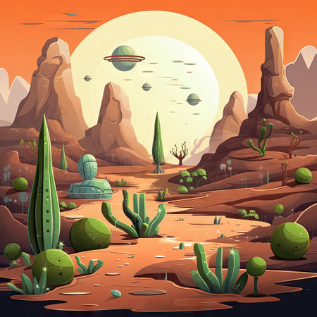 Desert landscape with cactuses and flying saucers illustrationの素材