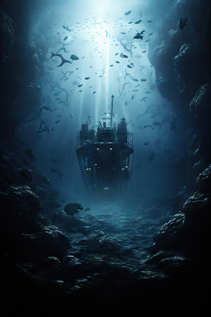 Underwater view of the sunken ship in the deep blue seaの素材