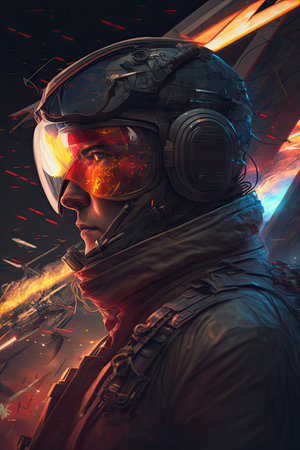 Spaceship pilot in helmet and goggles. Mixed media.の素材