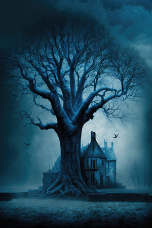 Halloween background with old tree and haunted house, toned.の素材