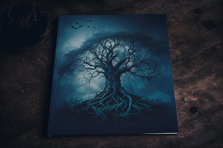Magic book with tree roots on wooden background. Halloween concept. 3D Renderingの素材