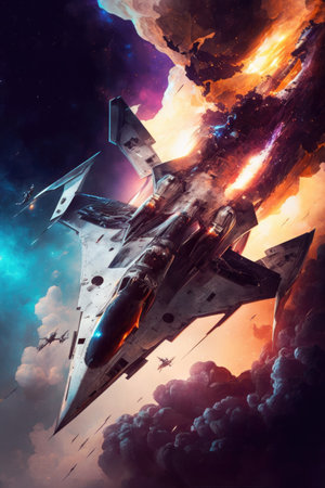 Fighter jet in space. illustration. Fantasy art.の素材