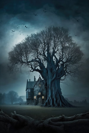 Halloween scene with old church and tree. 3D rendering.の素材