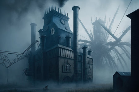 Foggy landscape with old abandoned industrial building, 3d renderの素材
