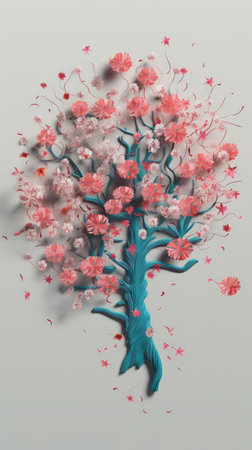 illustration of a tree with pink flowers and blue leaves.の素材
