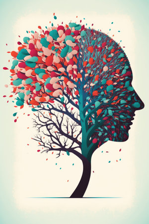Human head silhouette with abstract tree made of colorful hearts. illustration.の素材