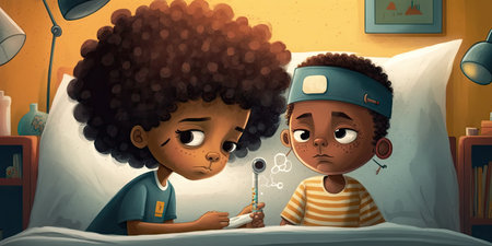 cartoon scene with sad boy and girl in the bed illustration for childrenの素材
