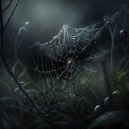 Spider web with dew drops in the morning. Nature background.の素材