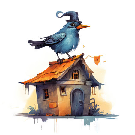 Cute cartoon bird sitting on the roof of the house. Watercolor illustrationの素材