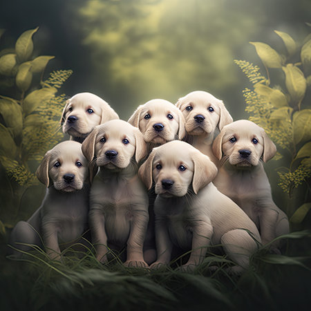 Labrador Retriever puppies in the grass in a photo studioの素材