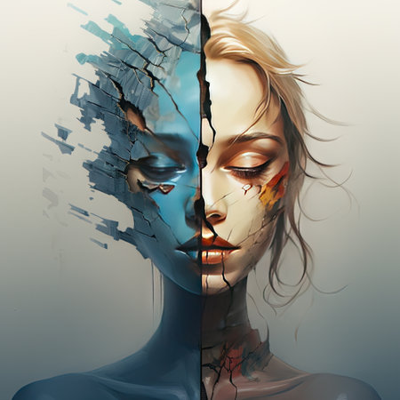 two sided female face combined with a paint splash.の素材