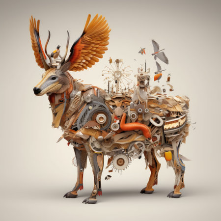 Deer made of wood with a lot of objects on a gray backgroundの素材