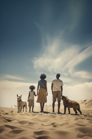 African american family with children and two dog walking in the desertの素材
