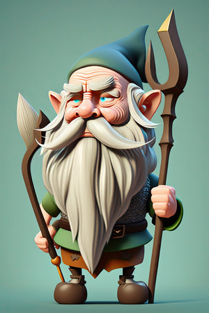 3D Illustration of a medieval gnome with a spear.の素材