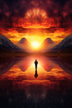 Woman standing on the lake and looking at the sunset in the mountainsの素材