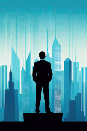 businessman standing on the top of the building with city background, illustrationの素材