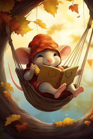 Cute mouse in a hammock reading a book in the autumn forestの素材