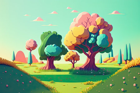Cartoon landscape with trees and bushes. Vector illustration of nature.の素材